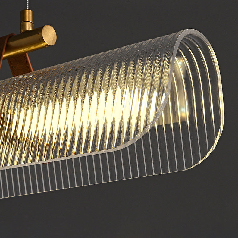 Lustre contemporain scandinave en forme de cylindre arqué long en acrylique, cuir et fer avec LED pour salon 