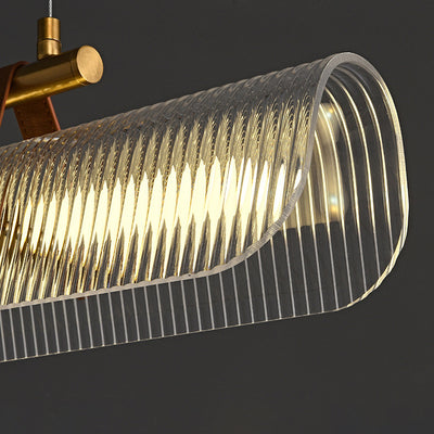 Lustre contemporain scandinave en forme de cylindre arqué long en acrylique, cuir et fer avec LED pour salon 
