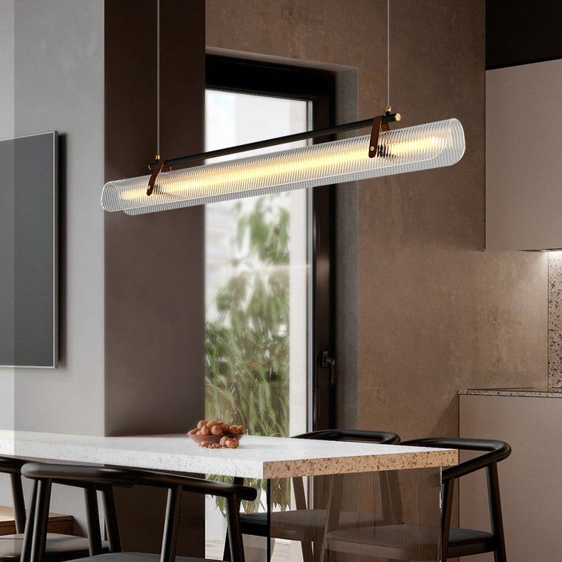 Lustre contemporain scandinave en forme de cylindre arqué long en acrylique, cuir et fer avec LED pour salon 