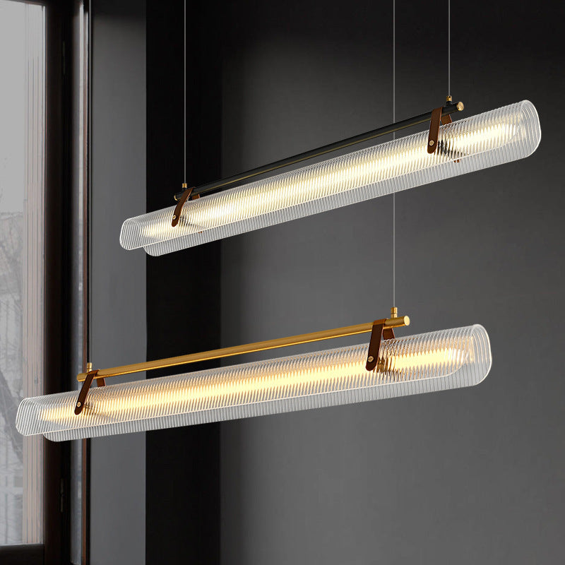 Lustre contemporain scandinave en forme de cylindre arqué long en acrylique, cuir et fer avec LED pour salon 