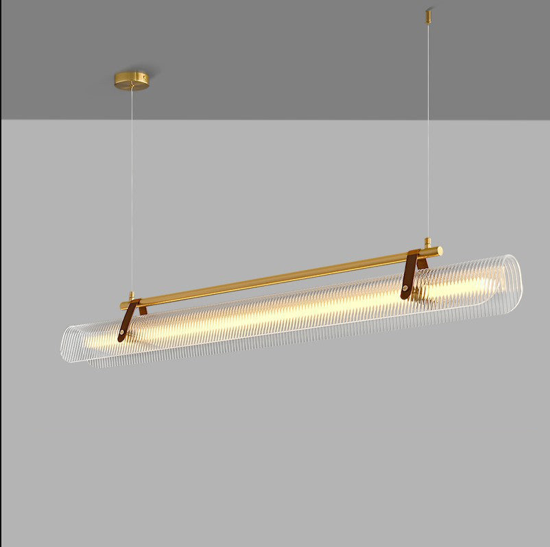Lustre contemporain scandinave en forme de cylindre arqué long en acrylique, cuir et fer avec LED pour salon 