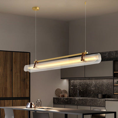 Lustre contemporain scandinave en forme de cylindre arqué long en acrylique, cuir et fer avec LED pour salon 