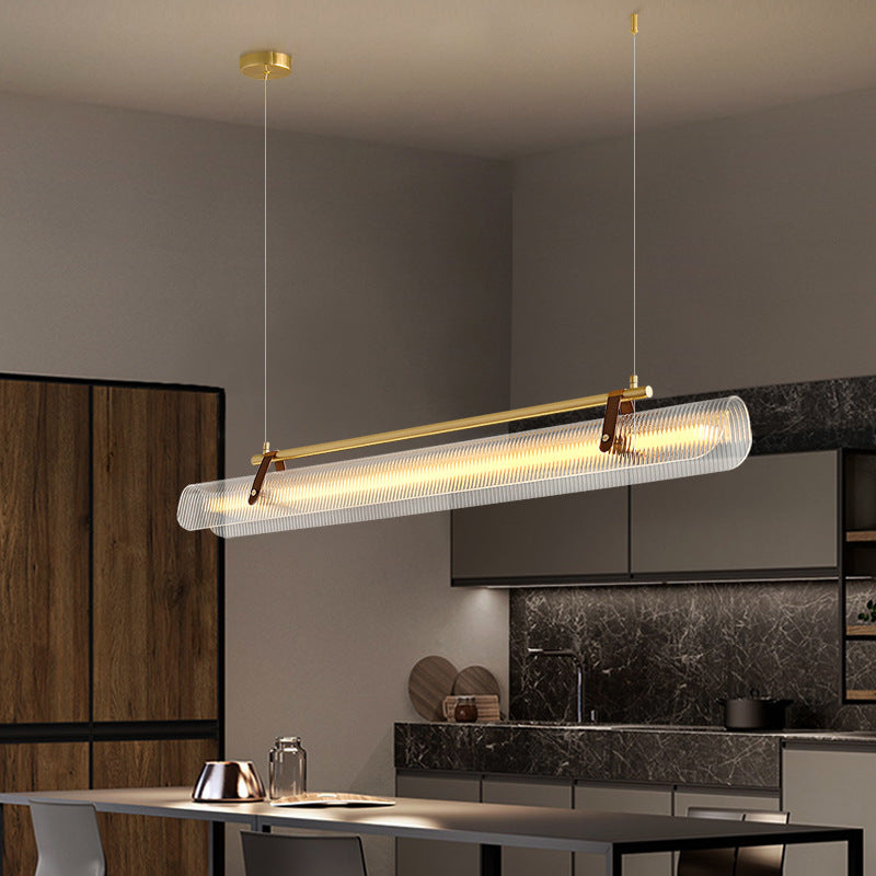 Lustre contemporain scandinave en forme de cylindre arqué long en acrylique, cuir et fer avec LED pour salon 