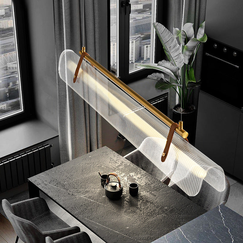 Lustre contemporain scandinave en forme de cylindre arqué long en acrylique, cuir et fer avec LED pour salon 