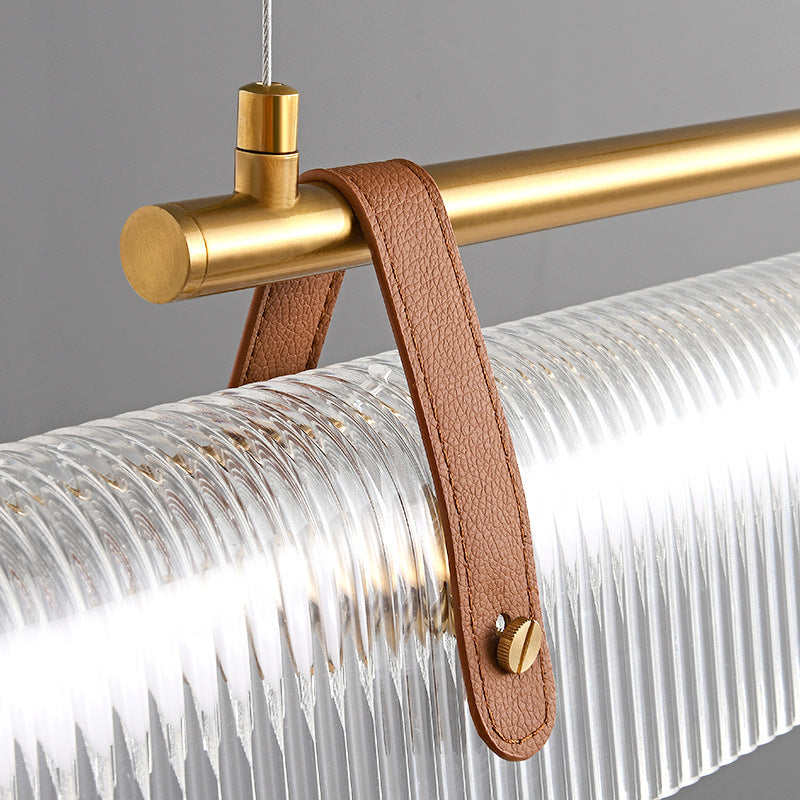 Lustre contemporain scandinave en forme de cylindre arqué long en acrylique, cuir et fer avec LED pour salon 