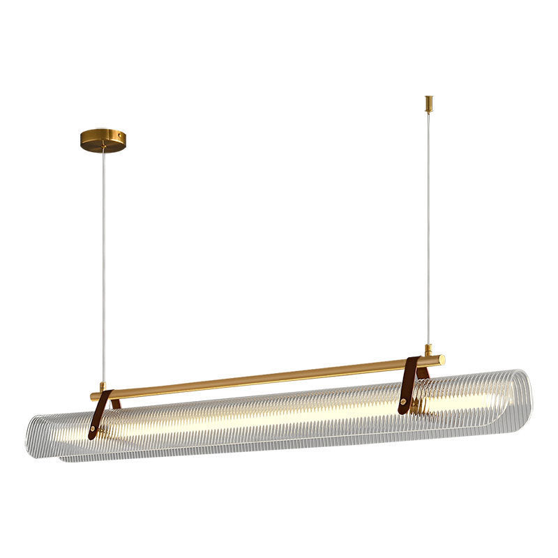 Lustre contemporain scandinave en forme de cylindre arqué long en acrylique, cuir et fer avec LED pour salon 