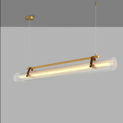 Lustre contemporain scandinave en forme de cylindre arqué long en acrylique, cuir et fer avec LED pour salon 