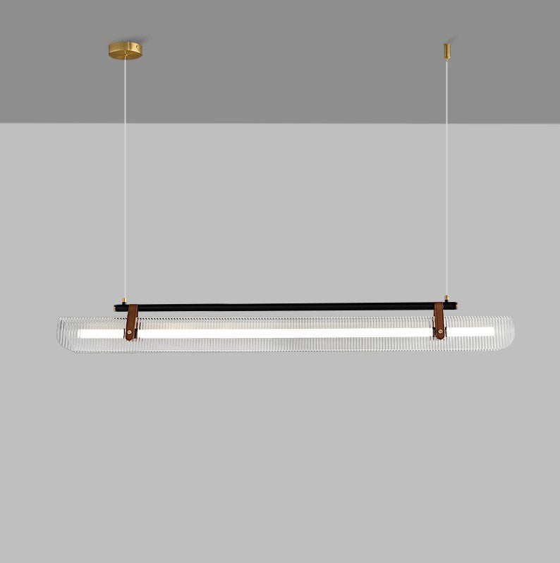 Lustre contemporain scandinave en forme de cylindre arqué long en acrylique, cuir et fer avec LED pour salon 