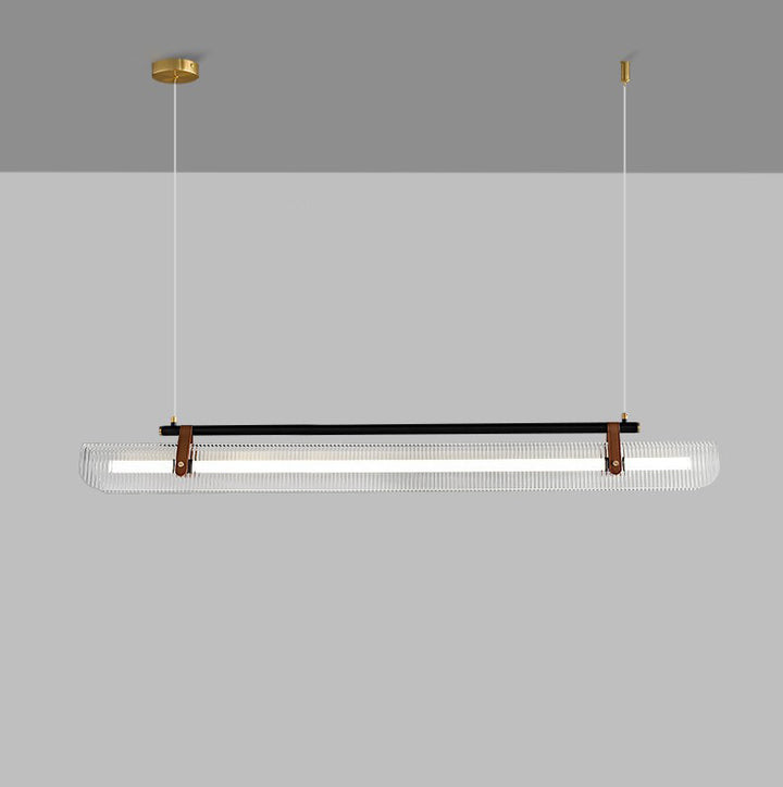 Lustre contemporain scandinave en forme de cylindre arqué long en acrylique, cuir et fer avec LED pour salon 