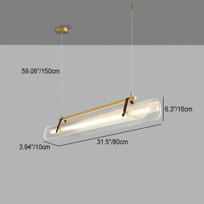 Lustre contemporain scandinave en forme de cylindre arqué long en acrylique, cuir et fer avec LED pour salon 