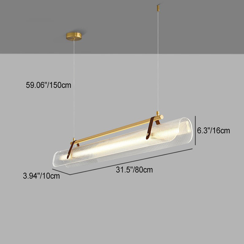 Lustre contemporain scandinave en forme de cylindre arqué long en acrylique, cuir et fer avec LED pour salon 