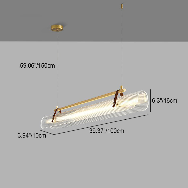 Lustre contemporain scandinave en forme de cylindre arqué long en acrylique, cuir et fer avec LED pour salon 