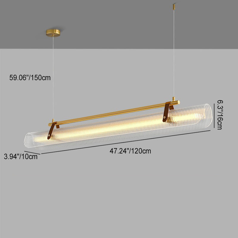 Lustre contemporain scandinave en forme de cylindre arqué long en acrylique, cuir et fer avec LED pour salon 