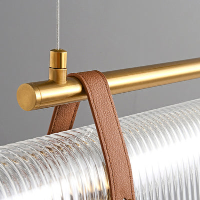 Lustre contemporain scandinave en forme de cylindre arqué long en acrylique, cuir et fer avec LED pour salon 