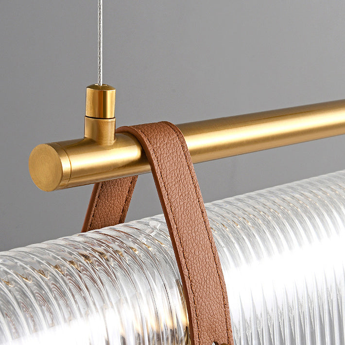Lustre contemporain scandinave en forme de cylindre arqué long en acrylique, cuir et fer avec LED pour salon 
