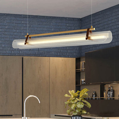 Lustre contemporain scandinave en forme de cylindre arqué long en acrylique, cuir et fer avec LED pour salon 