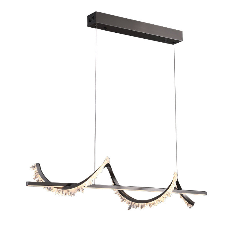 Lustre LED en acier inoxydable à cristaux longs et courbes modernes pour salon 