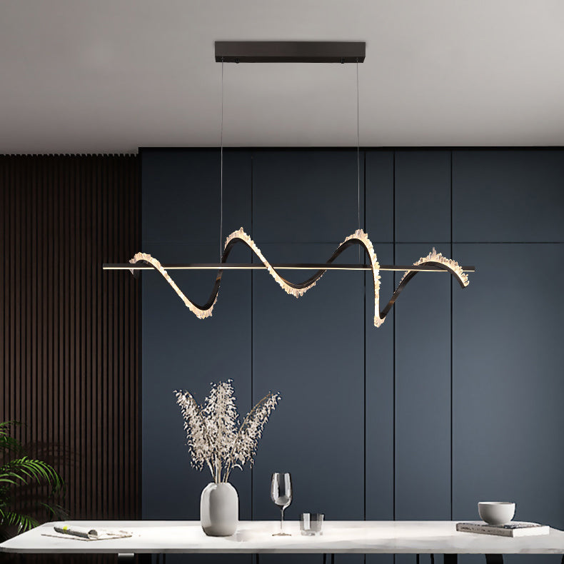 Moderne Luxus gebogene Linie lange Kristall Edelstahl LED Insel Licht Kronleuchter für Wohnzimmer 