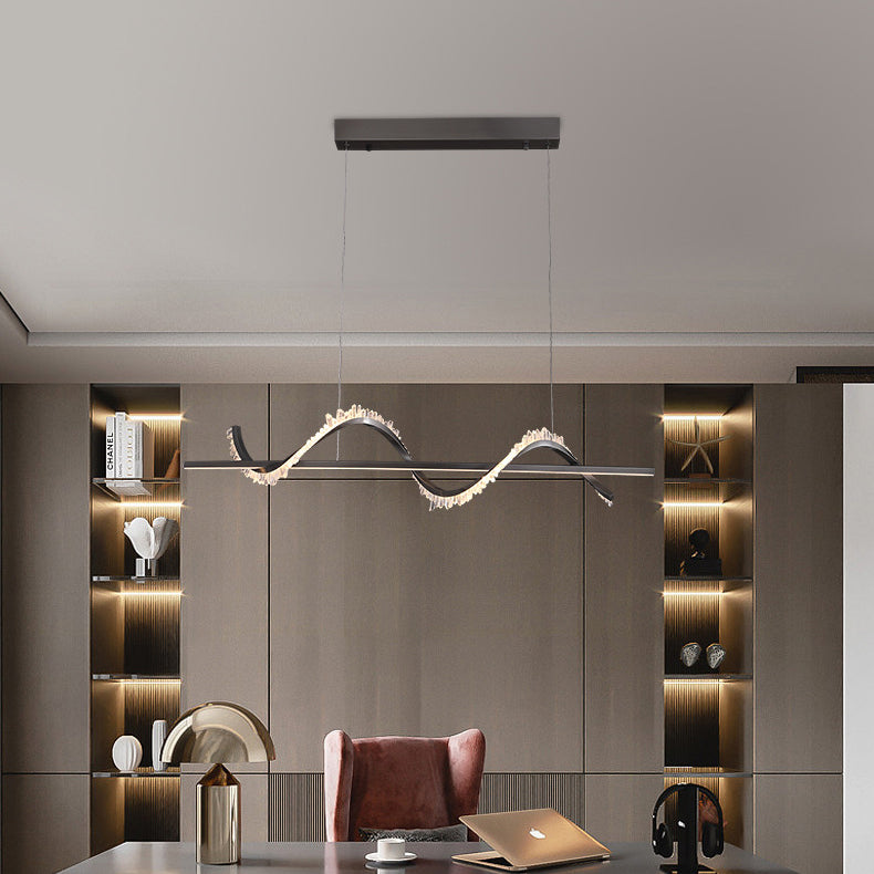 Lustre LED en acier inoxydable à cristaux longs et courbes modernes pour salon 