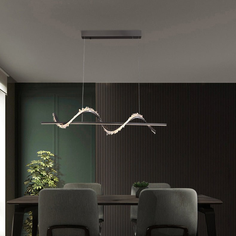 Lustre LED en acier inoxydable à cristaux longs et courbes modernes pour salon 