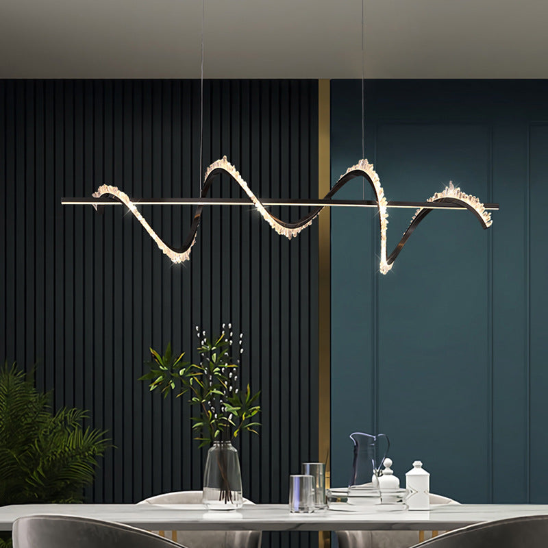 Moderne Luxus gebogene Linie lange Kristall Edelstahl LED Insel Licht Kronleuchter für Wohnzimmer 