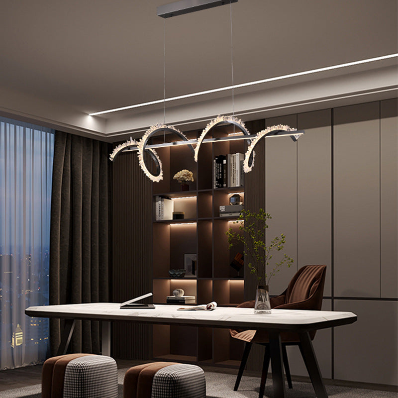 Moderne Luxus gebogene Linie lange Kristall Edelstahl LED Insel Licht Kronleuchter für Wohnzimmer 