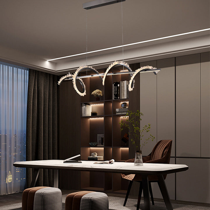 Moderne Luxus gebogene Linie lange Kristall Edelstahl LED Insel Licht Kronleuchter für Wohnzimmer 