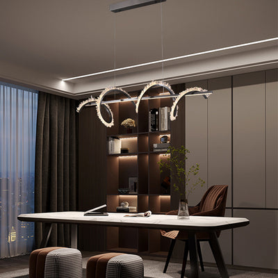 Lustre LED en acier inoxydable à cristaux longs et courbes modernes pour salon 