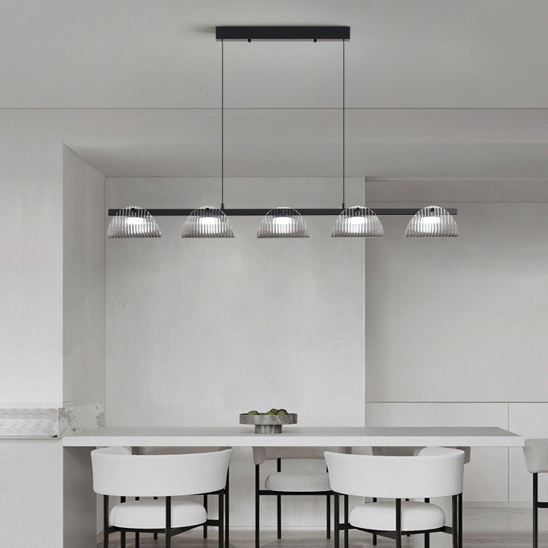 Zeitgenössischer kreativer langer Halbkreis Acrylglas Aluminium Eisen LED Insel Licht Kronleuchter für Wohnzimmer 