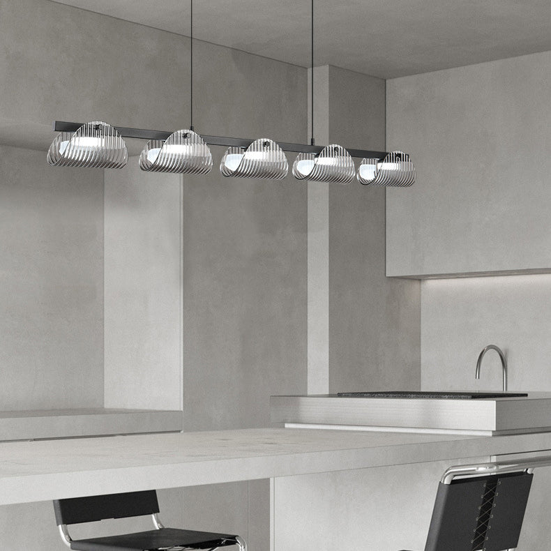 Zeitgenössischer kreativer langer Halbkreis Acrylglas Aluminium Eisen LED Insel Licht Kronleuchter für Wohnzimmer 