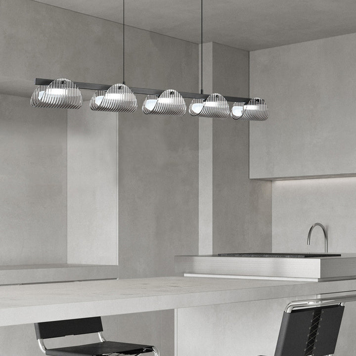 Zeitgenössischer kreativer langer Halbkreis Acrylglas Aluminium Eisen LED Insel Licht Kronleuchter für Wohnzimmer 
