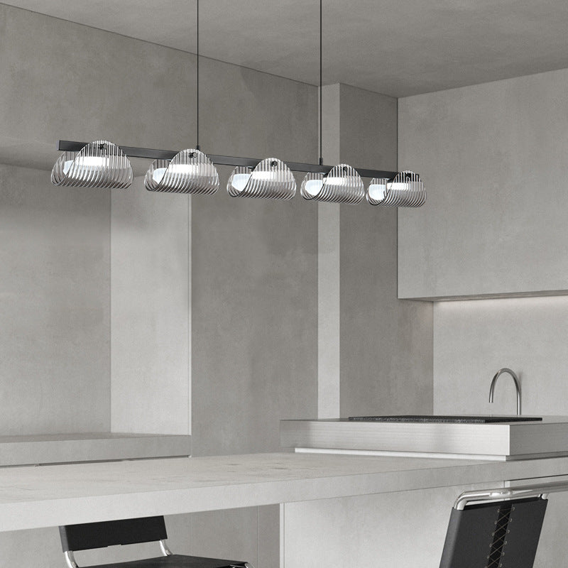 Zeitgenössischer kreativer langer Halbkreis Acrylglas Aluminium Eisen LED Insel Licht Kronleuchter für Wohnzimmer 