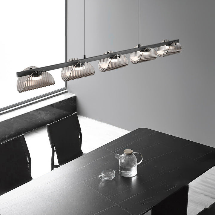 Zeitgenössischer kreativer langer Halbkreis Acrylglas Aluminium Eisen LED Insel Licht Kronleuchter für Wohnzimmer 