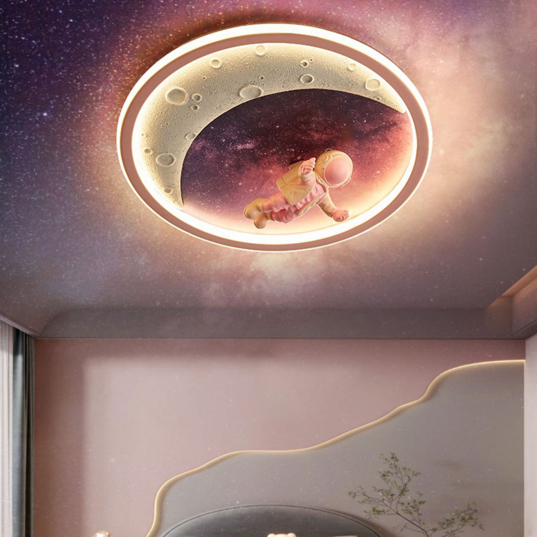ضوء سقف LED مثبت بشكل مسطح لغرفة النوم مصنوع من الراتنج الأكريليكي والحديد على شكل كوكب فضاء مستدير بأسلوب الفن الحديث 