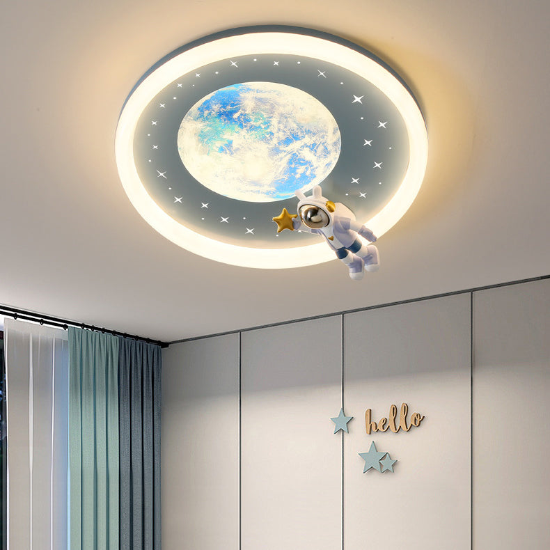 ضوء سقف LED مثبت بشكل مسطح من الأكريليك والحديد للأطفال بأسلوب آرت ديكو الحديث بتصميم كوكب رائد فضاء لغرفة النوم 
