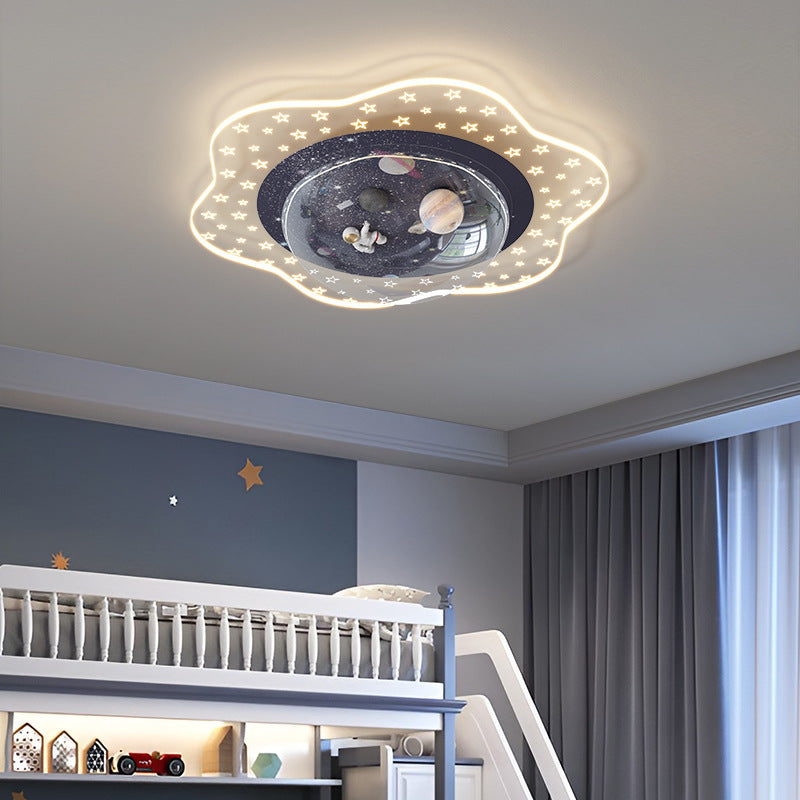 مصباح سقف LED مثبت بمستوى من الراتنج PVC والحديد للأطفال بتصميم آرت ديكو حديث مع زهور ورائد فضاء وكواكب لغرفة النوم 