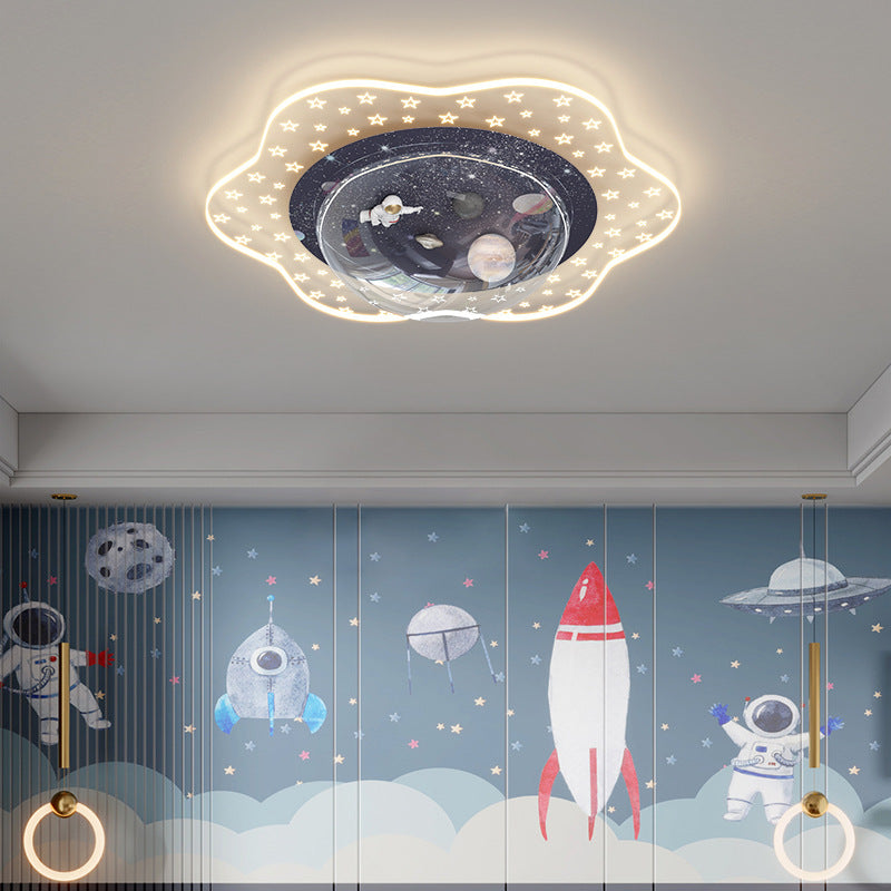 مصباح سقف LED مثبت بمستوى من الراتنج PVC والحديد للأطفال بتصميم آرت ديكو حديث مع زهور ورائد فضاء وكواكب لغرفة النوم 