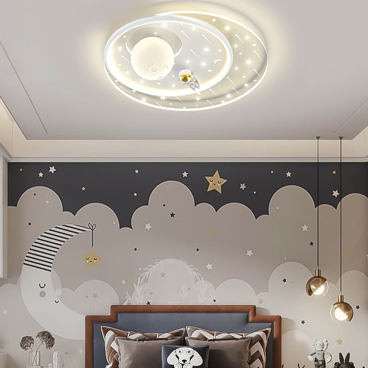 Modern Art Deco Kids Star Astronaut Round Acrylic Iron LED Flush Mount Ceiling Light For Bedroom