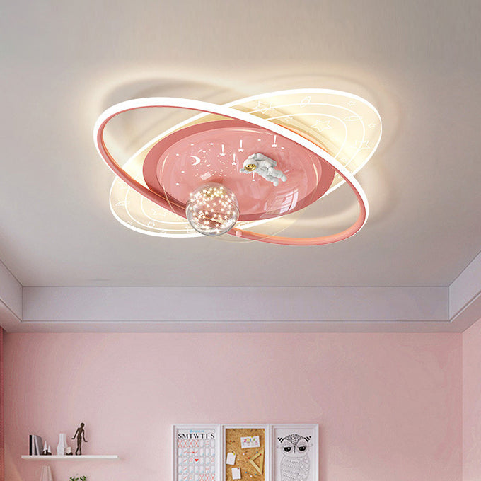 Luz de techo LED empotrada moderna de arte deco para niños ovalada con astronauta, planeta, acrílico, yeso, hierro para sala de estar 