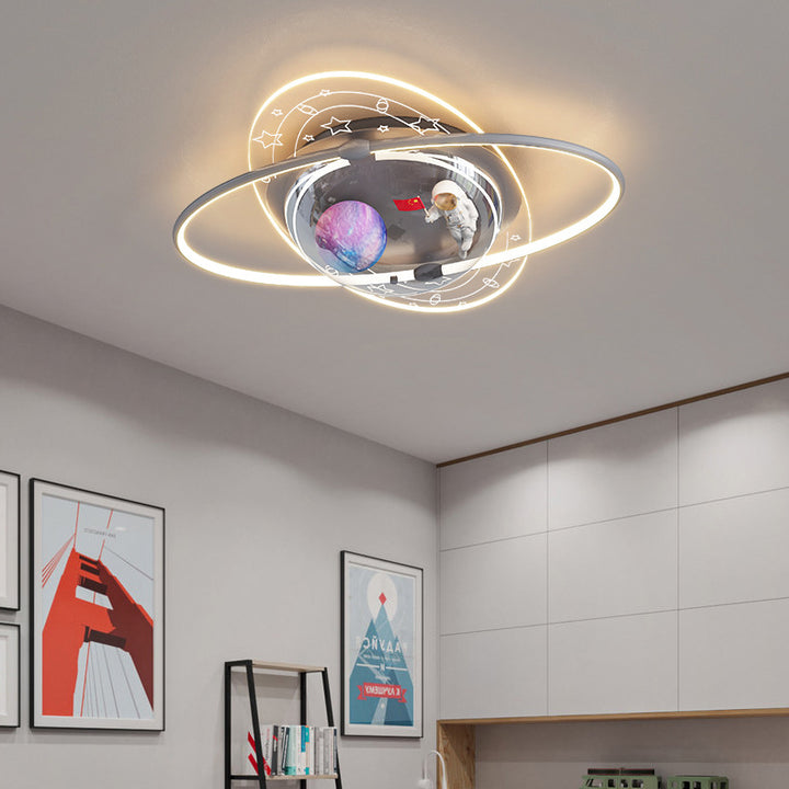 Luz de techo LED empotrada moderna de arte deco para niños ovalada con astronauta, planeta, acrílico, yeso, hierro para sala de estar 