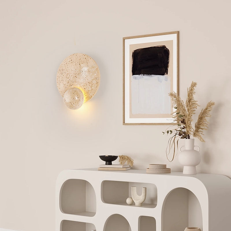 Contemporary Scandinavian Round Orb Yellow Travertine LED Wall Sconce Lamp For Living Room