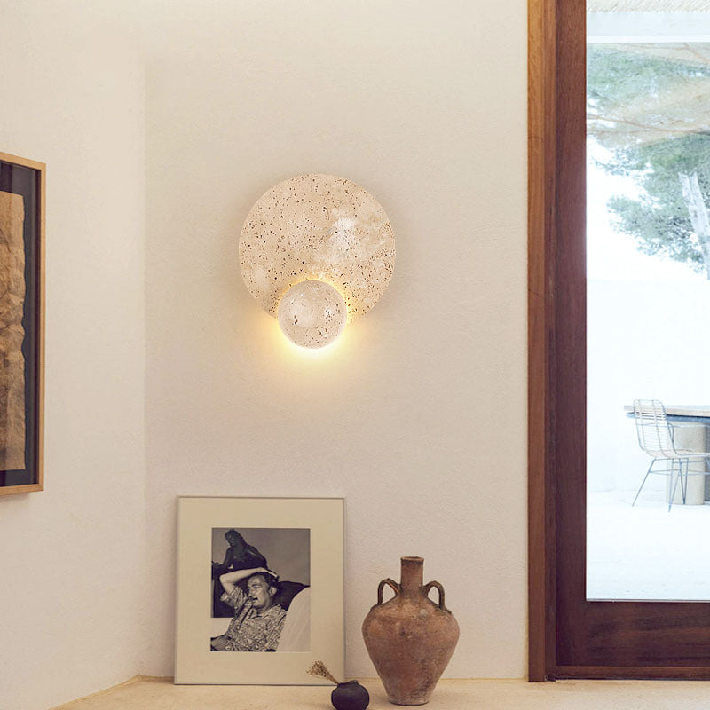 Contemporary Scandinavian Round Orb Yellow Travertine LED Wall Sconce Lamp For Living Room