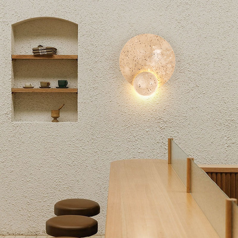 Contemporary Scandinavian Round Orb Yellow Travertine LED Wall Sconce Lamp For Living Room
