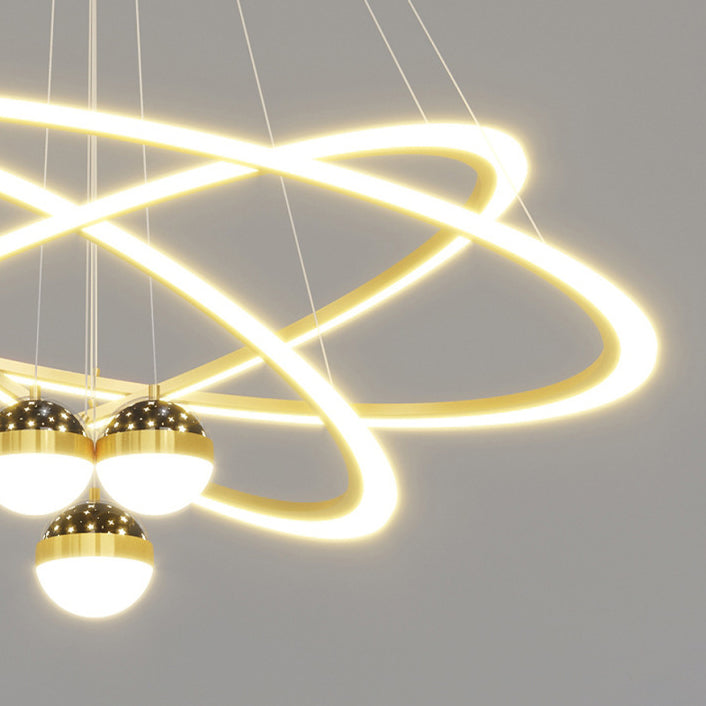 Zeitgenössischer skandinavischer runder Kreuzkugel-Acryl-Aluminium-Eisen-LED-Kronleuchter für das Wohnzimmer 