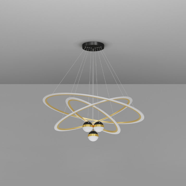 Zeitgenössischer skandinavischer runder Kreuzkugel-Acryl-Aluminium-Eisen-LED-Kronleuchter für das Wohnzimmer 