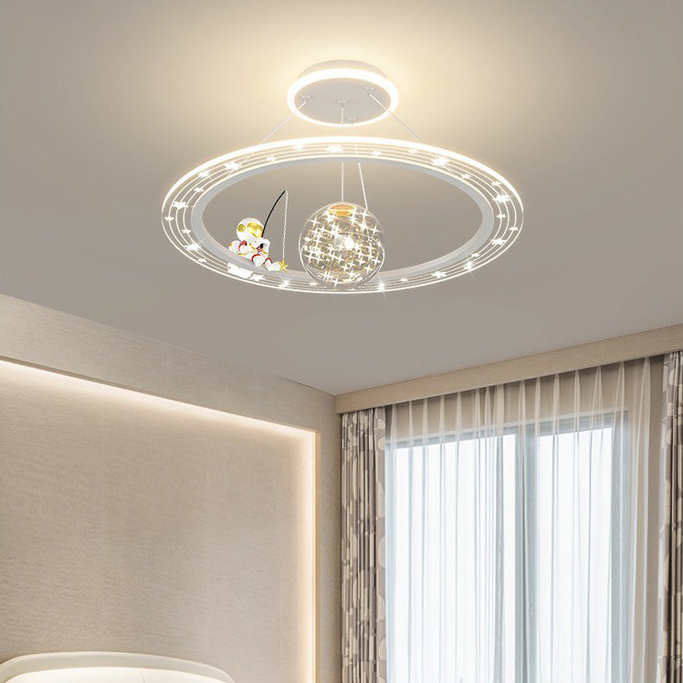 Art déco moderne pour enfants Astronaute Planète Lustre rond en acrylique et fer à LED pour salon 