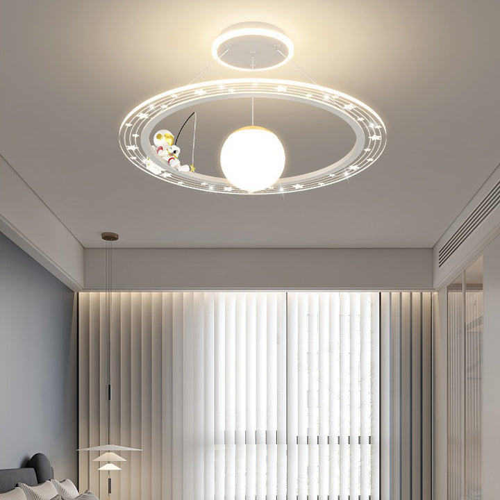 Moderno candelabro LED de hierro acrílico redondo con astronauta y planeta Art Deco para sala de estar 