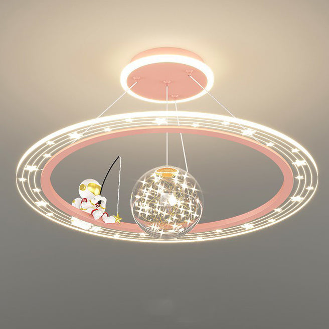 Art déco moderne pour enfants Astronaute Planète Lustre rond en acrylique et fer à LED pour salon 