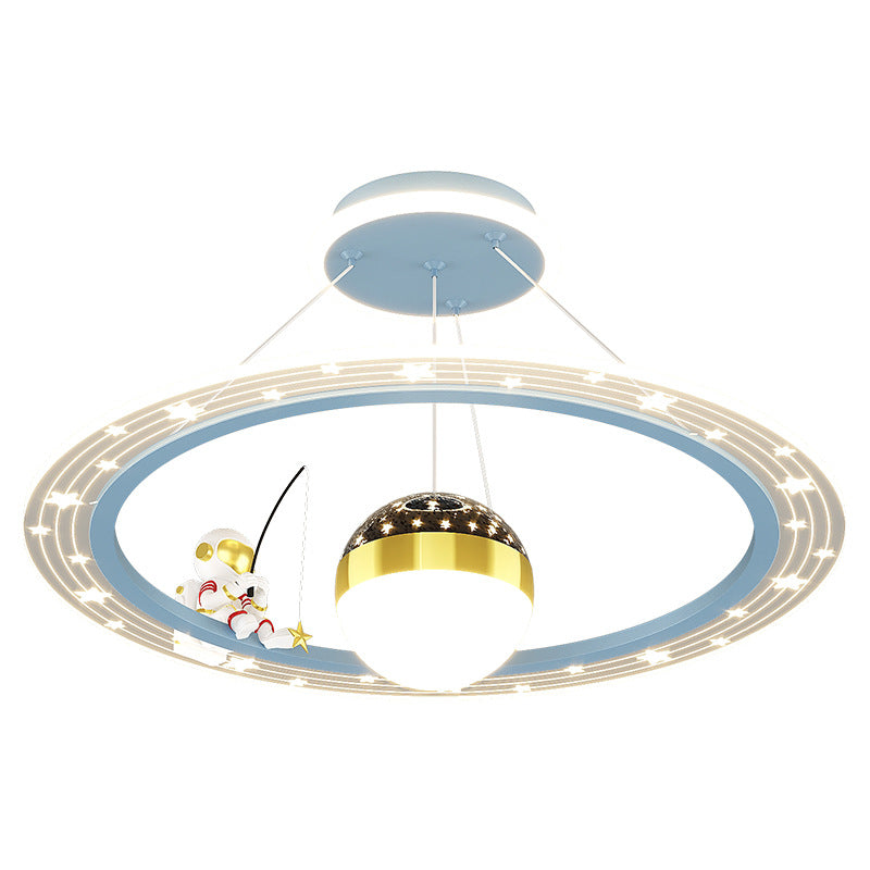 Art déco moderne pour enfants Astronaute Planète Lustre rond en acrylique et fer à LED pour salon 