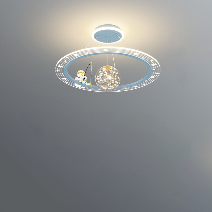 Art déco moderne pour enfants Astronaute Planète Lustre rond en acrylique et fer à LED pour salon 